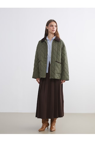 Lcw Modest Haki Kadife Gömlek Yaka Oversize Kadın Şişme Mont