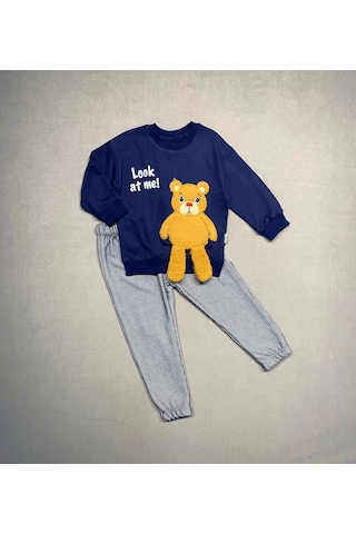 2-3-4 Yaş Ayıcık Sallanan Ayak Desenli Likra Penye Kumaş Sweat Pantolonlu Kız Erkek 2li Çocuk Takımı Lacivert