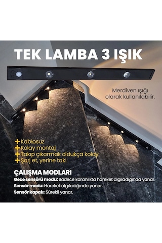 Upway Sensörlü 40 Cm 3 Lü Led Lamba 3 Renkli Ayarlanabilir Tezgah Merdiven Dolap Aydınlatma Siyah