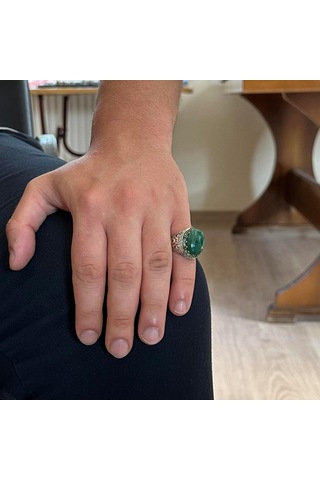 Gerçek Doğal Taş Yüzük - 925 Ayar Gümüş El Yapımı Yüzük Zümrüt Gümüş