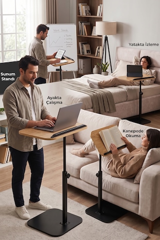 Ayarlanabilir Laptop Sehpası Esnek Tasarım, Yükseklik Ayarlı Çalışma Ve Yan Sehpa Masası Açık Meşe