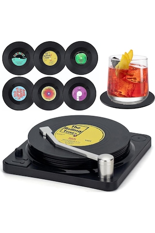 Eski Plak Çalar 7 Parça Dekorlu 6 Lı Bardak Altlığı Vintage Plak Retro Müzik Vinil Dekoru Çok Renkli - Siyah