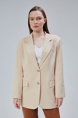 Kadın Oversize Düz Kesim Astarlı Dokuma Blazer Ceket Vizon