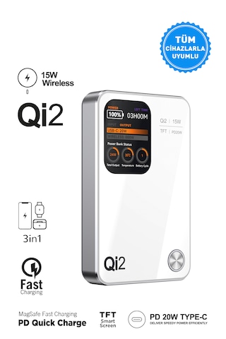 10.000 Mah Magsafe Hızlı Şarj Qı2/pd 20w Tft Ekranlı Powerbank Premium Serisi Beyaz