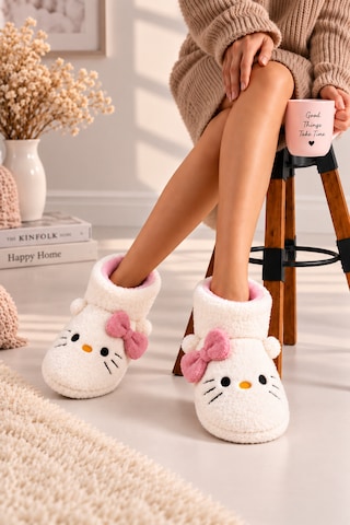 Moon Cloud Moo Kadın Peluş Pudra Hello Figürlü Ev Botu Kışlık Sıcak Tutan Yumuşak Tabanlı Sevimli Terlik Ev Panduf Ev Beyaz - Pembe