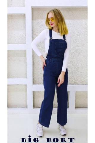 Yandan Düğmeli Kot Enzim Kumaş Salopet & Tulum-9654 Lacivert