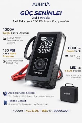 Taşınabilir Akü Takviye Cihazı & Hava Kompresörü 8000a Araç Jump Starter, 150 Psı Lastik Pompası A7700