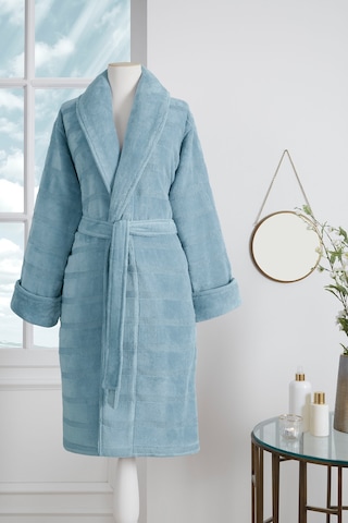 Sadem Organik Stripe Şal Yaka Bornoz Mavi