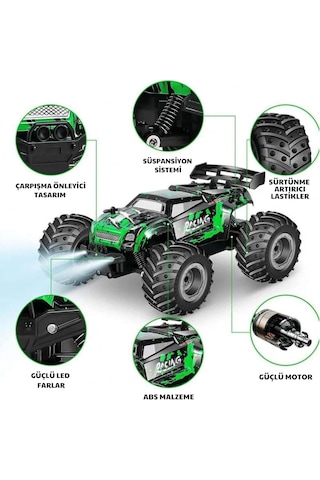 Uzaktan Kumandalı Full Fonksiyon Şarjlı Işıklı Drift Özelikli 4x2 15 Km Hız Of Road Araba 1:18 Şarjlı High Off Road Araba Erkek Hediye Kumandalı Araç Yeşil