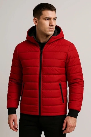 Defymoda Erkek Şişme Kapüşonlu Fermuarlı Mont Su Itici Kapitone Astarlı Kumaş Cepli Kışlık Rahat Kalıp - Kırm Kırmızı