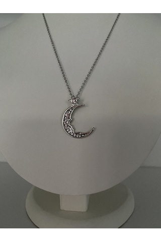 Ay Figürlü Mini Yıldız Detaylı Kolye Gümüş Renk Mor