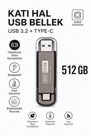 512 Gb Katı Hal Usb Bellek Usb 3.2 + Type-c Çift Girişli Taşınabilir Flash Bellek Telefonda Bilgisayara Aktarma Yüksek Hızlı Dayanıklı Ve Çok Korumalı Ssd Korumalı Darbeye Dayanıklı Anti Manyetik 1 Adet