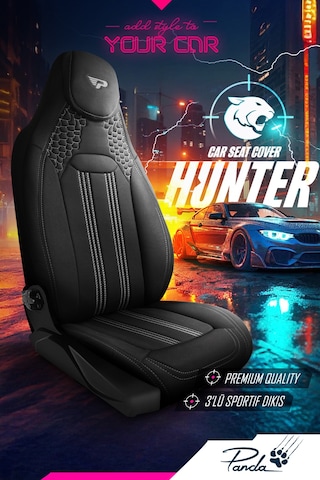 Siyah - Gri Panda Hunter Lacoste Kumaş Ortopedik Destekli Oto Koltuk Kılıfı-tam Set