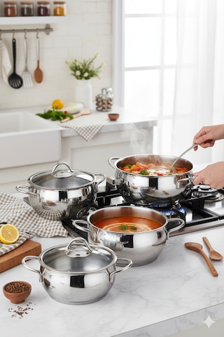 Polochef Pro Line 18/10 Paslanmaz Çelik Tencere Seti Kapaklı 6 Parça Silver 16-18-20 Cm Gümüş