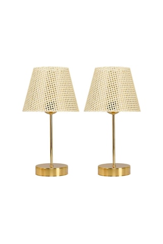 Star Gold Ayaklı Abajur Rattan Hasır Başlık Yatak Odası Salon Masa Lambası 2 Adet Hasır