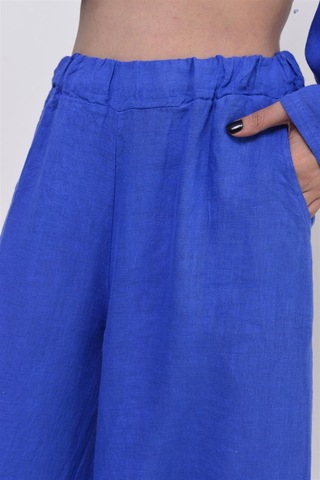 Bohem Stil İtalyan Fisto Detaylı Keten Pantolon-8748 Mavi