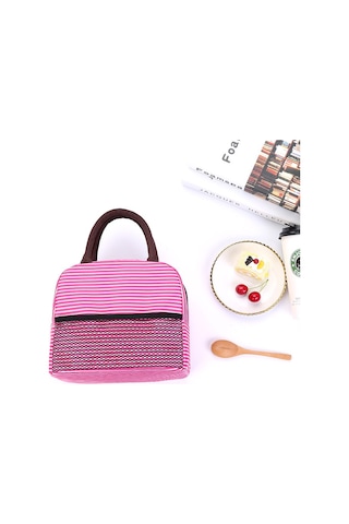 Termal Öğle Yemeği Çantası Klasik Çizgili Tasarım, Alüminyum Folyo İç Katmanlı, Buz Torbası Özellikli, Öğrenciler İçin Pratik Yemek Kabı, Isı Koruyucu Öğlen Yemeği Taşıma Çantası Pembe