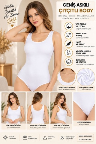 Kadın Geniş Askılı Çıtçıtlı Body Beyaz, Esnek Kumaş, Vücuda Oturan Basic Kadın Body - Ryl - 2700 S