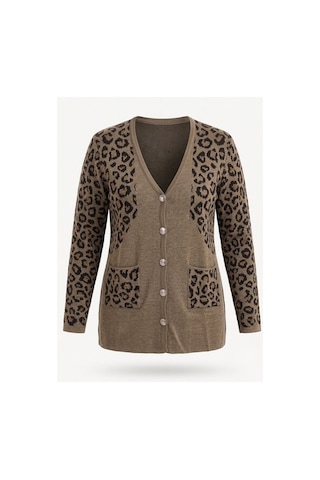 Onno Style Women Simli Leopar Desen Klasik Düğmeli Ceket Vizon