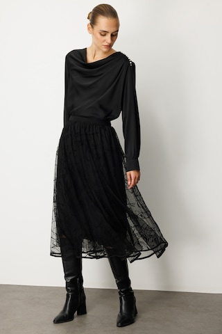 Ekol Kadın Kadife Desenli Tül Etek 2401 Siyah Siyah