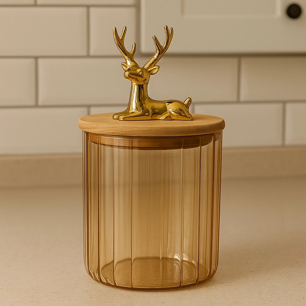 Gold Kapaklı Kristal Cam Kavanoz Geyik Figürlü 17x10 Gold