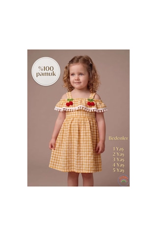 Ketbaby Kirazlı Pötikareli Kız Çocuk Elbise 1-5 Yaş Yazlık Konfor Serisi Sarı Sarı