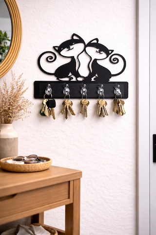 Kedi Figürlü Dekoratif Duvar Askılığı 6 Kancalı Mdf Anahtarlık Ve Askı 39 X 29 Cm Siyah Siyah