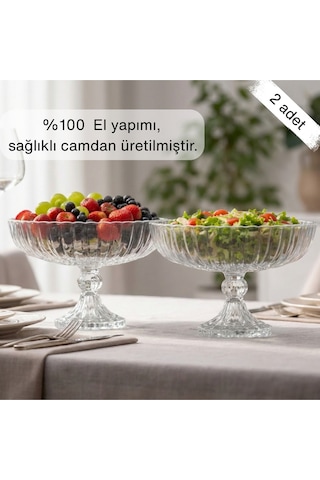 Selen Concept Linea Damla Model Ayaklı El Yapımı Cam Salata Ve Meyve Kasesi 2'li Set Şeffaf