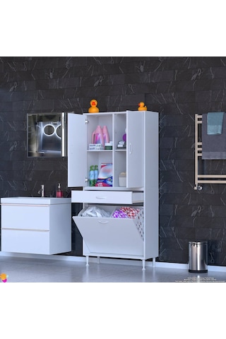 Modilayn Yeni Afra 70x173x32,5 Cm' Lik 1 Çekmece, 2 Göz Sepet, 2 Kapak, 4 Raf Dar Alan Banyo Dolabı Beyaz