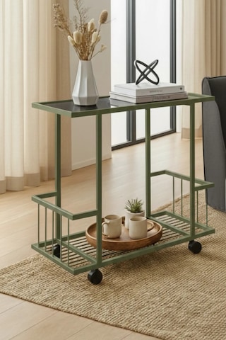 Fuji Yan Sehpa - Tekerlekli Mint Yeşili Füme Camlı Servis Sehpası Mint Yeşil