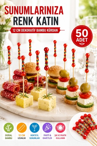 50 Adet Dekoratif Kırmızı Örgülü Bambu Kürdan 12 Cm Kokteyl Parti Kanepe Sunum Çubuğu Seti Paket
