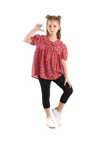 Ahengim Kız Çocuk Takım Vizkon Bluzlu Taytlı Alt Üst Takım Pamuklu Ak2521 Kırmızı