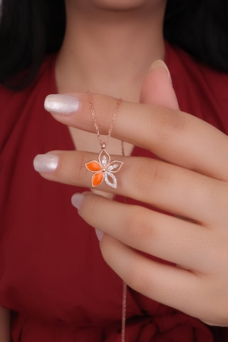 Encili Silver 925 Ayar Gümüş Turuncu Mineli Lotus Çiçeği Model Rose Renk Kadın Kolye Rose