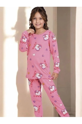 Kız Çocuk Pamuklu Tavşan Desenli Pijama Takımı-14919 Pembe