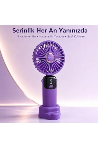 Mkio Şarjlı El Vantilatörü 5 Kademeli, Katlanabilir Dijital Ekranlı Mini El Fanı, 1200 Mah, 5 Pervaneli Güçlü Hava Akışı, Standlı Masaüstü Fan, Usb Şarjlı - Mor Renk