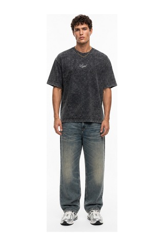Respire Erkek Nakış Detaylı Yıkamalı Oversize T-shirt Siyah