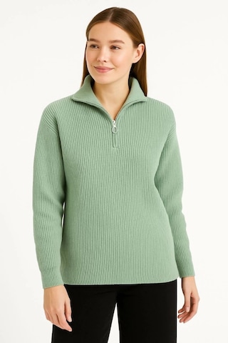 De'charme Kadın Yarım Fermuarlı Triko Kazak Selanik Örgü, Dik Yaka, Pamuklu Dokuma, Oversize Uzun Kollu Kışlık Model - Mint Yeşili