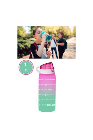 Flosoft 1 Litre Çift Renk Suluk, Okul Ve Sporcu Matarası, Motivasyonel Su Şişesi 1000Ml Pembe