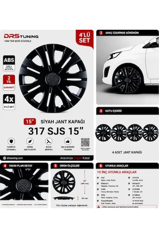 Chery Uyumlu 15 Inc Kırılmaz Parlak Siyah Jant Kapağı 1 Takım 4 Adet No:317