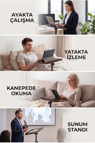 Ayarlanabilir Laptop Sehpası Esnek Tasarım, Yükseklik Ayarlı Çalışma Ve Yan Sehpa Masası Barok Ceviz - Kahverengi