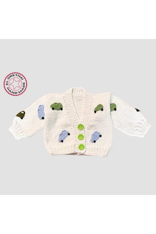 Uretti - Gülnur 2184 - 0374 El Örgüsü Araba Motifli Erkek Çocuk Hırka 3 Yaş - Beyaz Beyaz