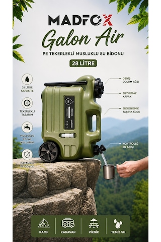 Madfox Galon Air Pe Tekerlekli Musluklu Su Bidonu 28 Litre Green Yeşil