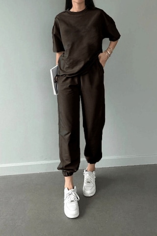 Basic T-shirt Eşofman Altı Jogger - Kahverengi Düz Alt Üst Eşofman Takımı Oversize Bisiklet Yaka Kahve
