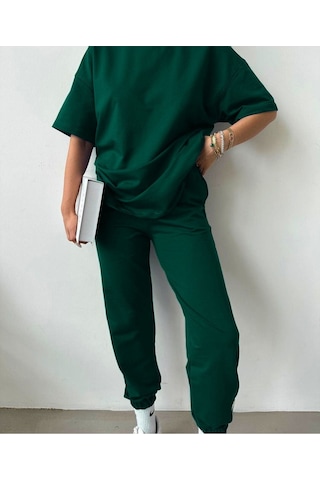 Movement T-shirt Eşofman Altı Jogger- Baskılı Alt Üst Eşofman Takım Oversize Bisiklet Yaka Yeşil