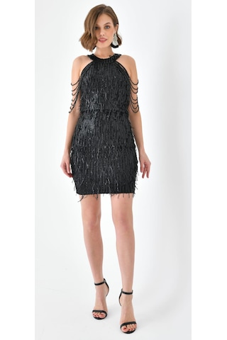 Hanife Glam Couture Hanife Glam Halter Yaka Taş Tasarımlı Saçaklı Pul Payet Mini Elbise Siyah