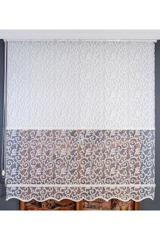 Desenli Çift Mekanizmalı Tül Stor Perde Beyaz