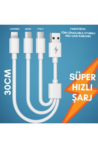 3 Ü 1 Arada Şarj Kablosu 30 Cm 3.1a Hızlı Şarj, Lightning + Micro Usb + Type-c