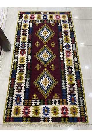 El Dokuma Yahyalı Yün Kilim 110X203 Renkli %100 Yün Kilim Kırmızı