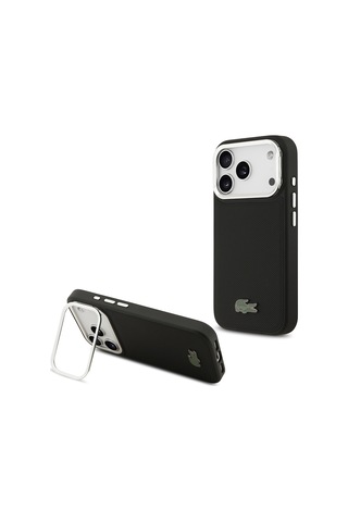 Apple Uyumlu iPhone 17 Pro Kılıf Lacoste Lisanslı M-safe Şarj Özellikli Pu Standlı Metal Logolu Siyah