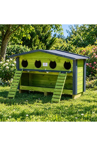 4 Yuvalı Mamalıklı Ahşap Kedi Evi Yeşil Renk
